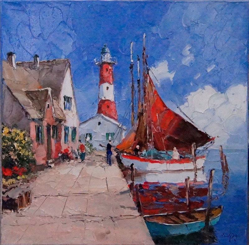 917542 Dock with Lighthouse and Boat